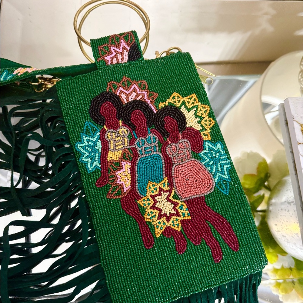 Sassy Jones Green and Red Clutch with Gold Ring Handle